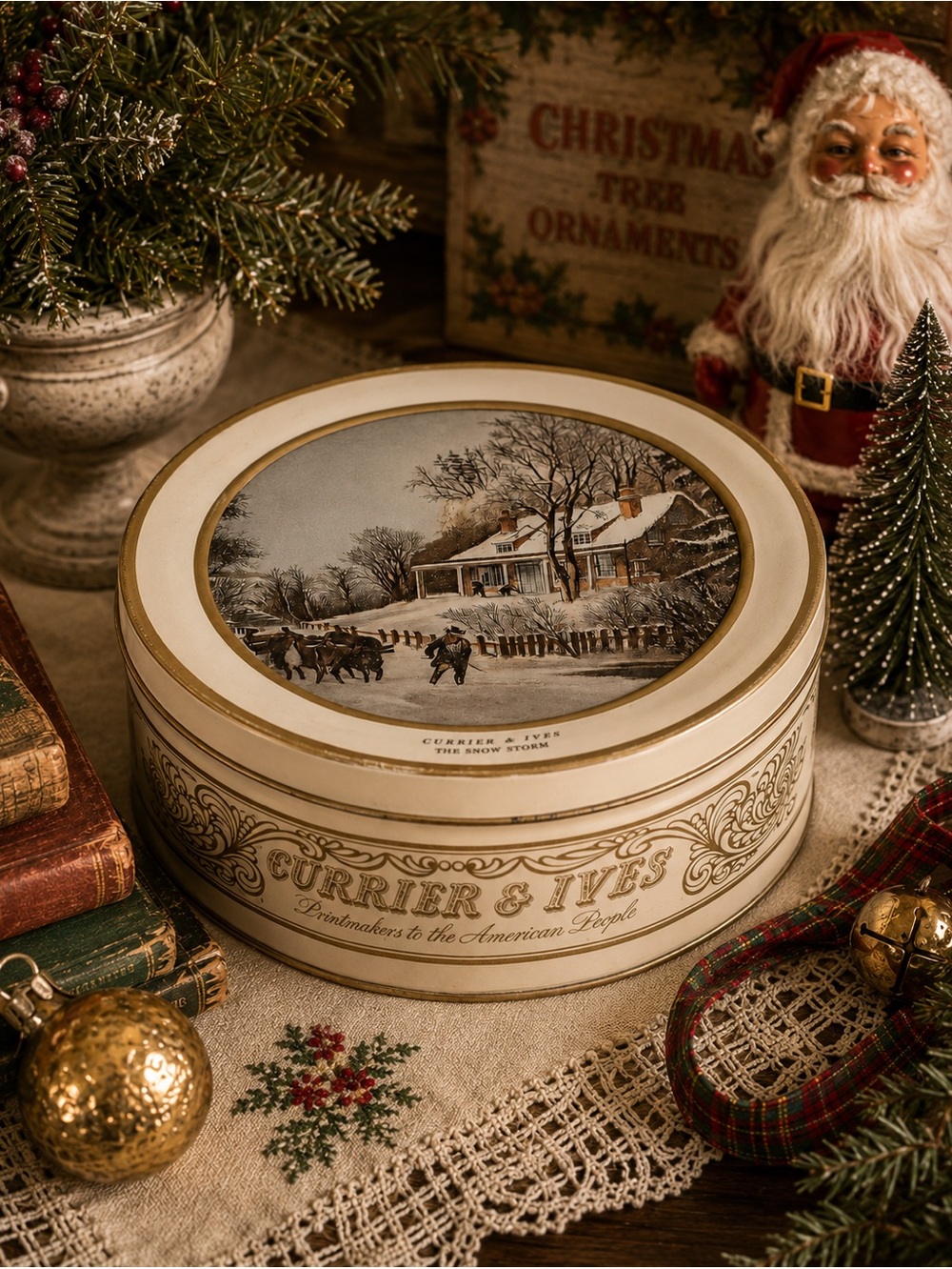 Vintage Currier & Ives Collectible Tin The Snow Storm Winter Scene winter decor
